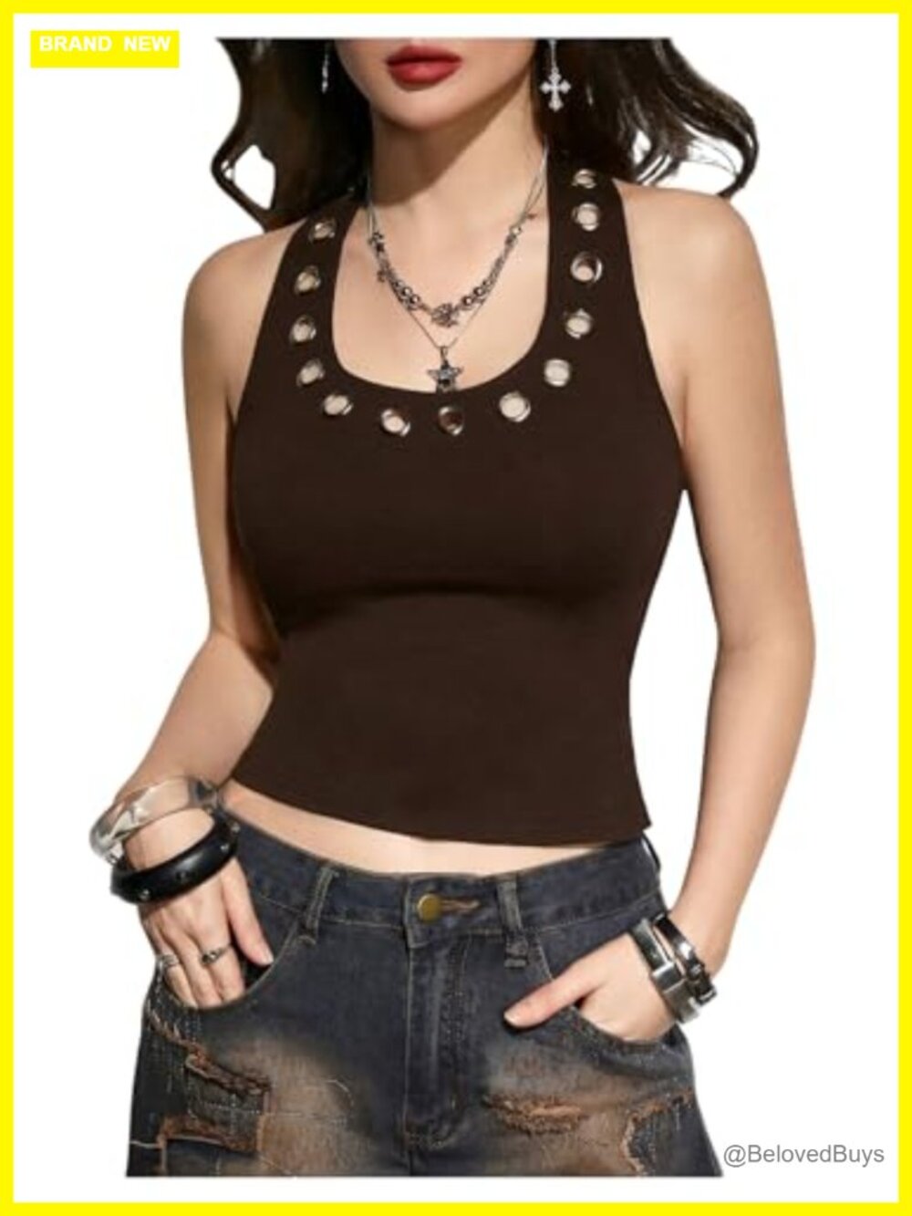 Grommet Tank Top Halter Backless Crop Top Sleeveless Summer